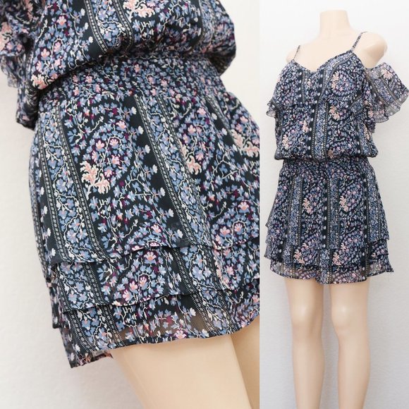 PAIGE 100% Silk Olympia Dark Ink Blue/Bouquet Tiered Ruffle Mini Dress M $298 - Picture 15 of 16